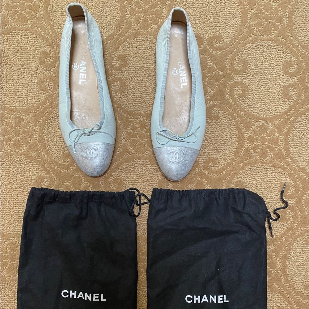 Chanel ballerina flats light blue silver toe cap